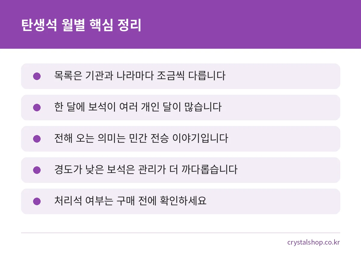 탄생석 월별 목록을 볼 때 알아둘 핵심 다섯 가지를 정리한 카드