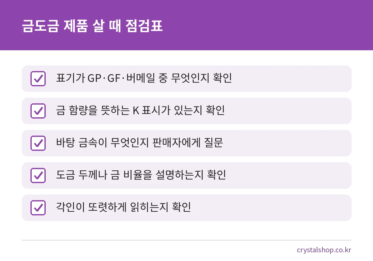 금도금 제품을 살 때 확인할 표기, 캐럿, 바탕 금속, 두께, 각인 점검표