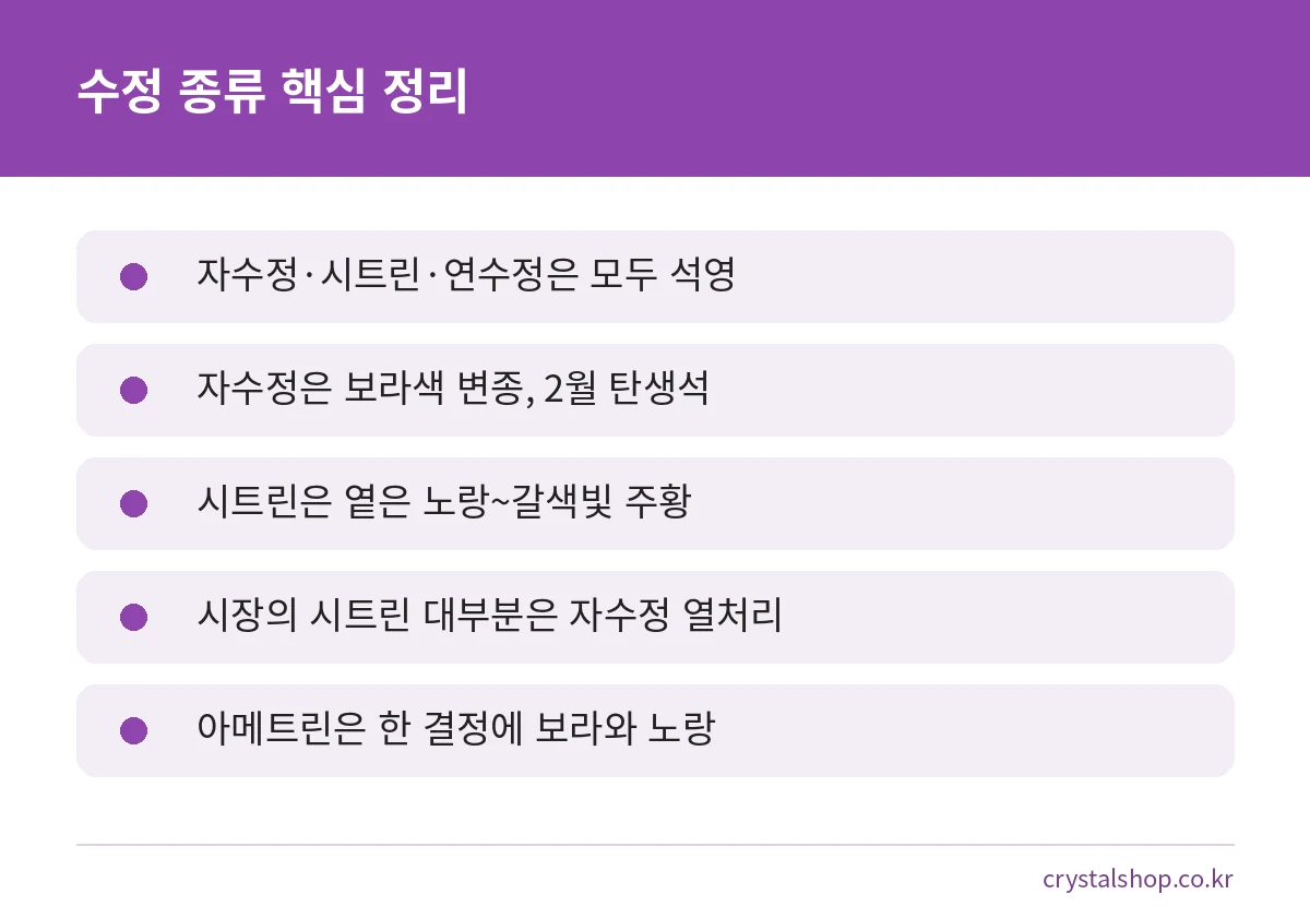 수정 종류인 자수정, 시트린, 연수정, 아메트린의 핵심 내용을 다섯 줄로 정리한 요약 카드